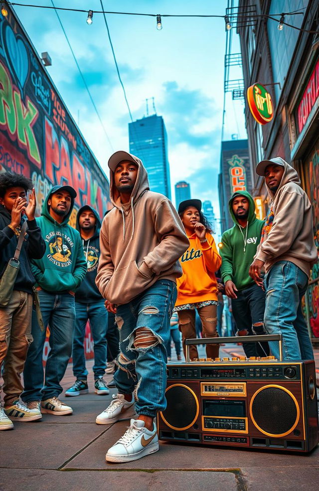 A vibrant street scene capturing the essence of trap malianteo culture, featuring a dynamic group of young adults dressed in stylish urban clothing, including baggy jeans, oversized hoodies, and flashy sneakers