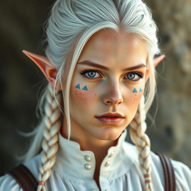 A semi-elf woman aged 28, robust with a height of 1