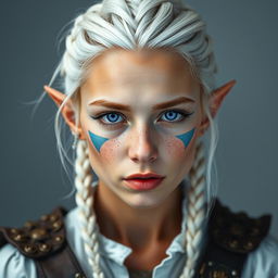 A semi-elf woman aged 28, robust with a height of 1