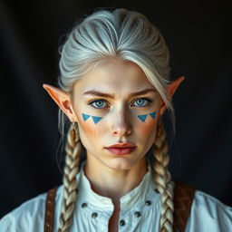 A semi-elf woman aged 28, robust with a height of 1