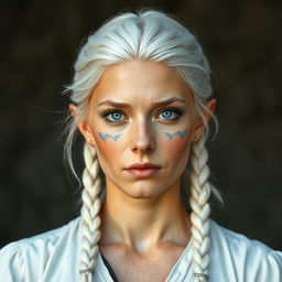 A semi-elf woman aged 28, robust with a height of 1