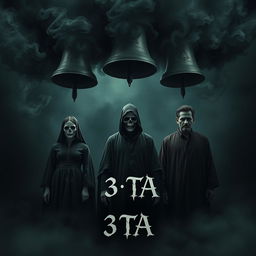 A chilling cinematic horror poster featuring three ghostly figures under ominous, dark smoky clouds