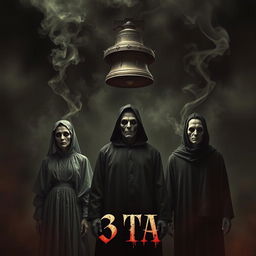 A chilling cinematic horror poster featuring three ghostly figures under ominous, dark smoky clouds