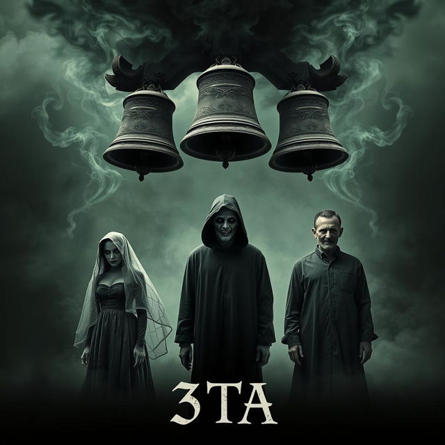 A chilling cinematic horror poster featuring three ghostly figures under ominous, dark smoky clouds