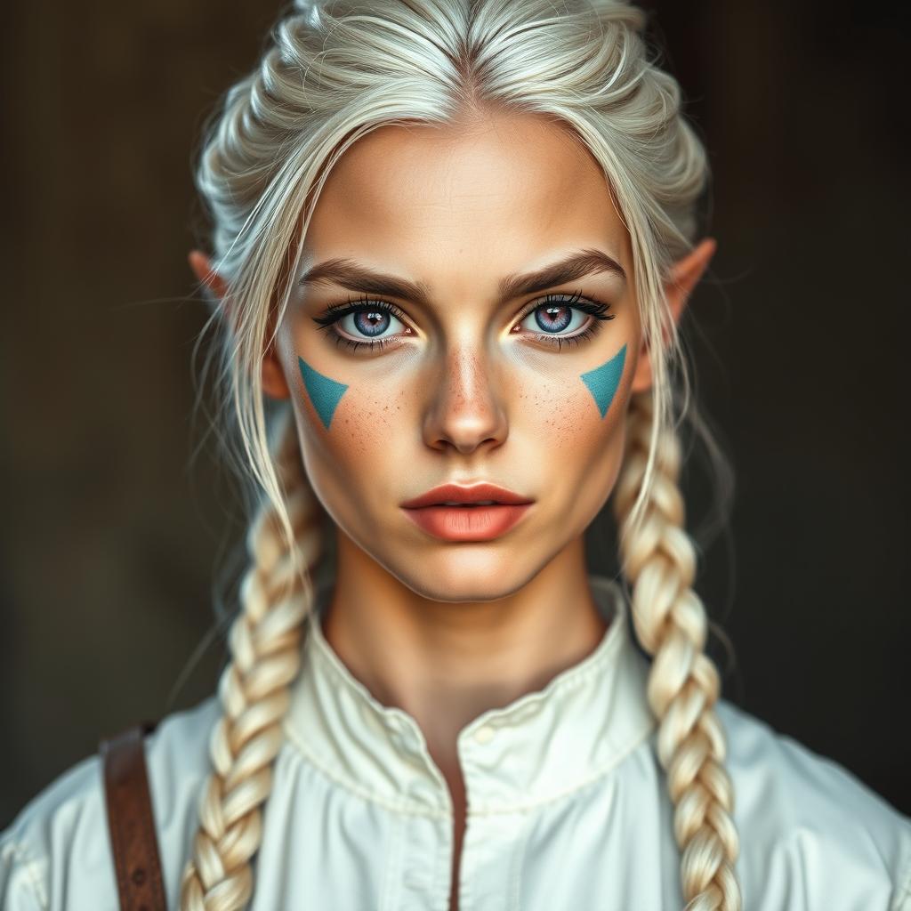 A semi-elf woman aged 28, robust with a height of 1