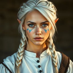 A semi-elf woman aged 28, robust with a height of 1