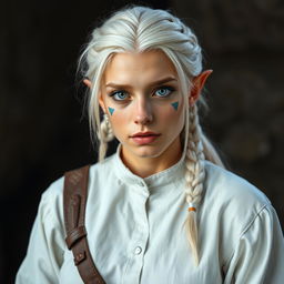 A semi-elf woman aged 28, robust with a height of 1