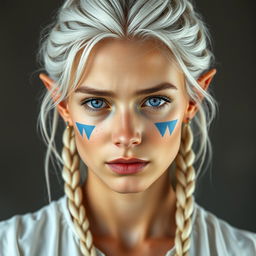 A semi-elf woman aged 28, robust with a height of 1