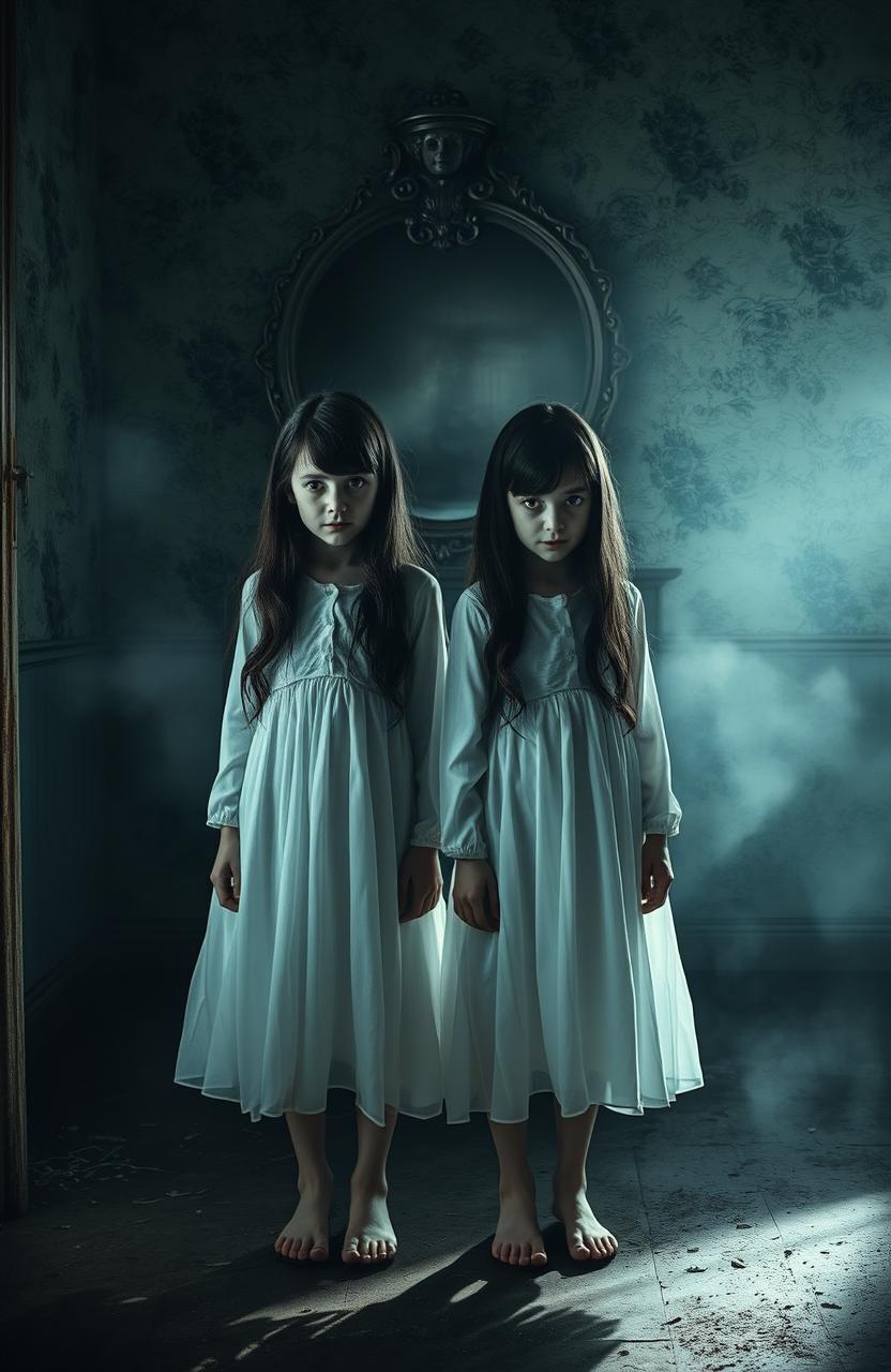 An eerie and suspenseful scene featuring twin girls standing in a dimly lit, abandoned house