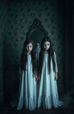 An eerie and suspenseful scene featuring twin girls standing in a dimly lit, abandoned house