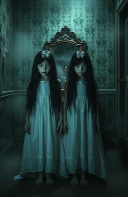 An eerie and suspenseful scene featuring twin girls standing in a dimly lit, abandoned house