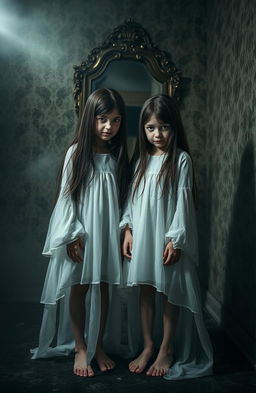 An eerie and suspenseful scene featuring twin girls standing in a dimly lit, abandoned house