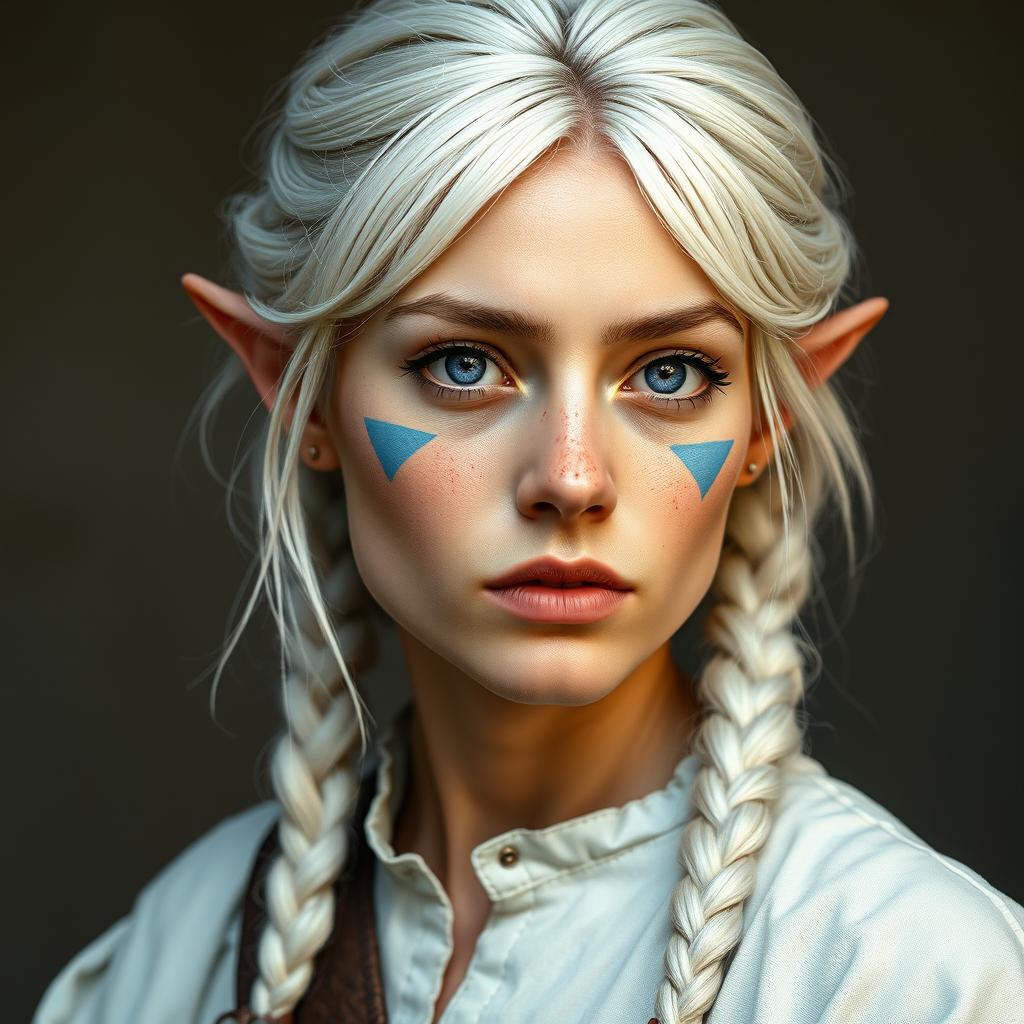 A semi-elf woman aged 28, robust with a height of 1