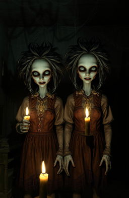 A chilling scene from a horror game featuring terrifying twin characters