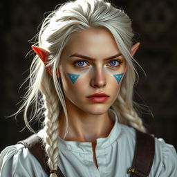 A semi-elf woman aged 28, robust with a height of 1