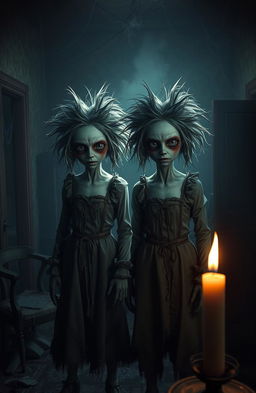 A chilling scene from a horror game featuring terrifying twin characters