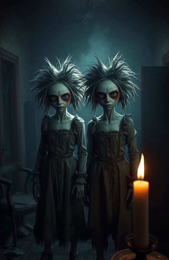 A chilling scene from a horror game featuring terrifying twin characters