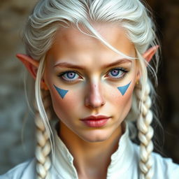 A semi-elf woman aged 28, robust with a height of 1