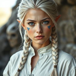 A semi-elf woman aged 28, robust with a height of 1