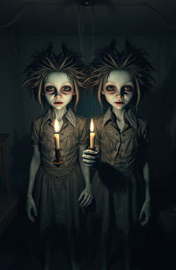 A chilling scene from a horror game featuring terrifying twin characters