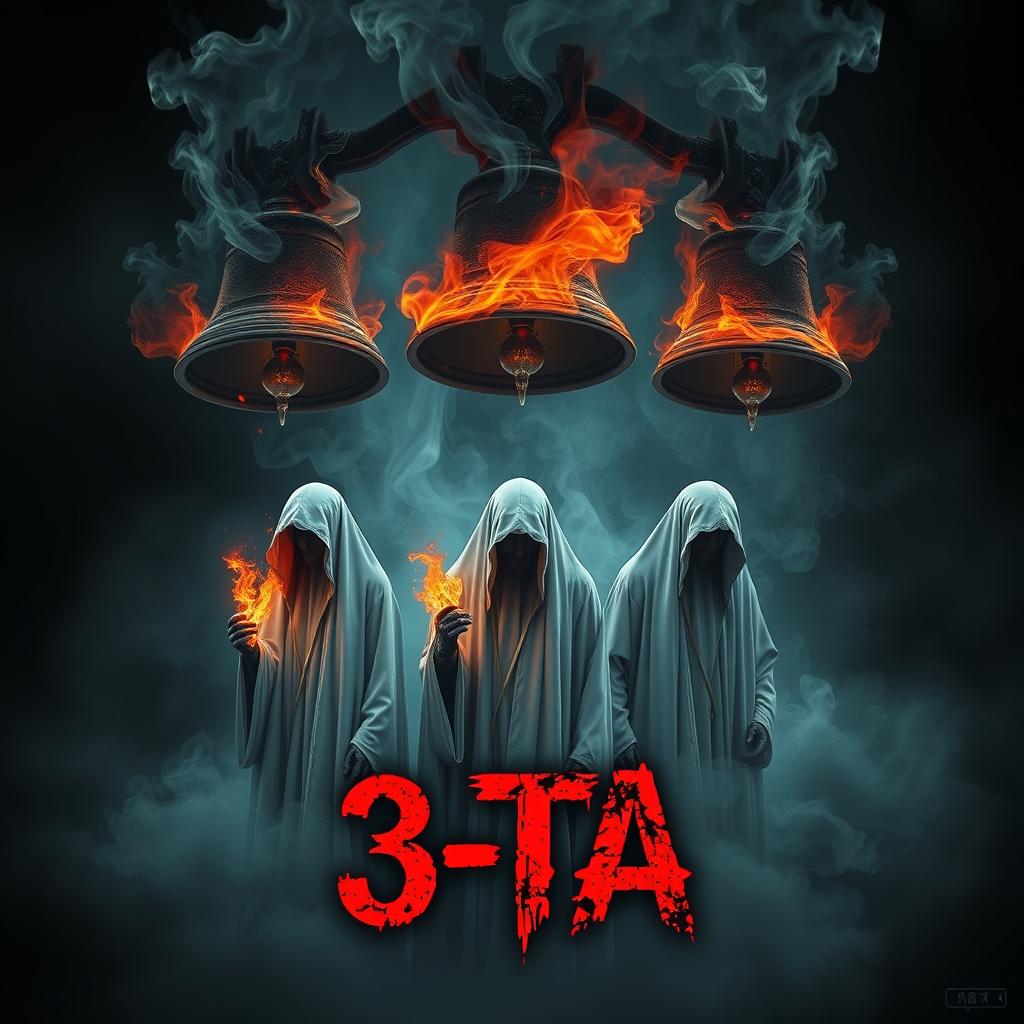 A cinematic horror poster featuring three half-burned ghostly figures in grim reaper dresses