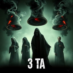 A cinematic horror poster featuring three half-burned ghostly figures in grim reaper dresses