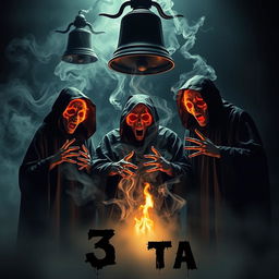 A cinematic horror scene featuring three half-burned face ghosts dressed in grim reaper attire