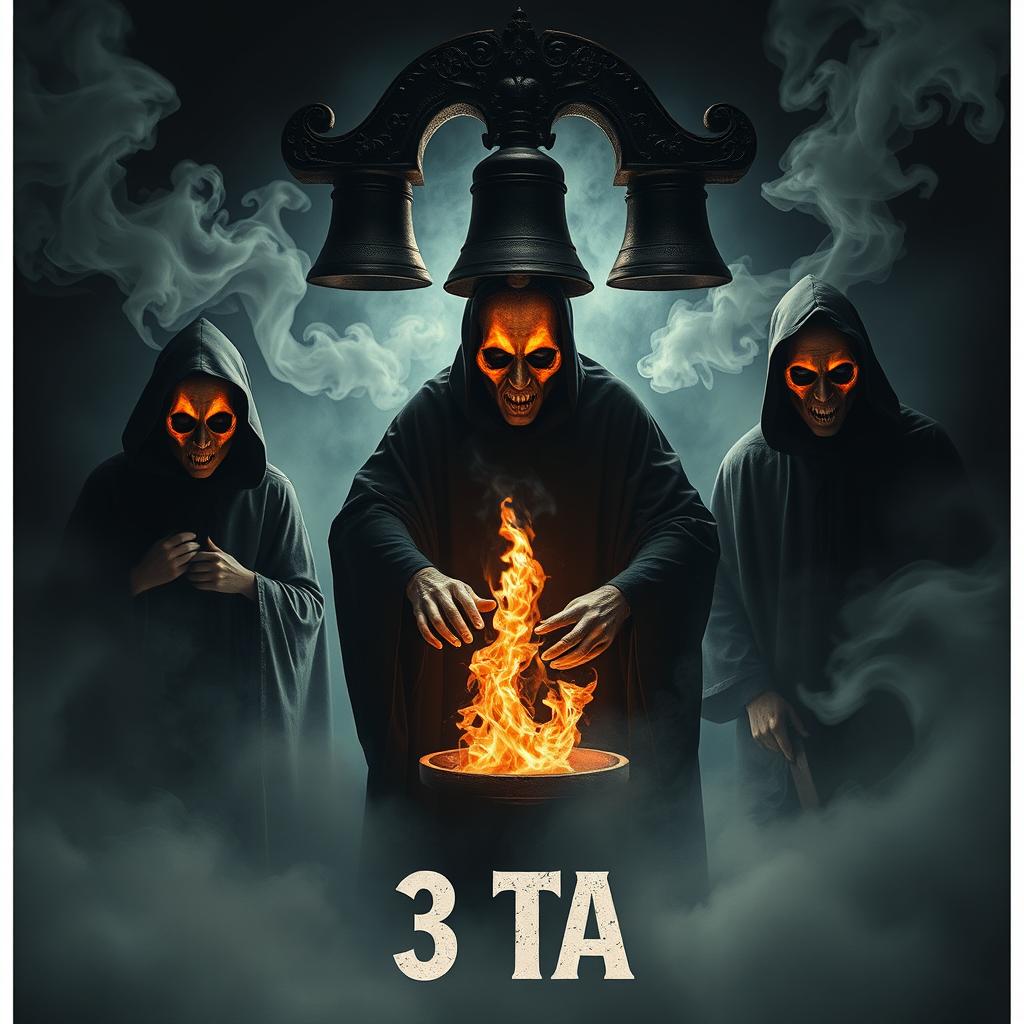 A cinematic horror scene featuring three half-burned face ghosts dressed in grim reaper attire