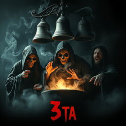 A cinematic horror scene featuring three half-burned face ghosts dressed in grim reaper attire