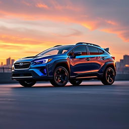 A futuristic crossover vehicle that merges the design of a 2020 Subaru Crosstrek with the sleek body of a 2024 Lamborghini Huracán