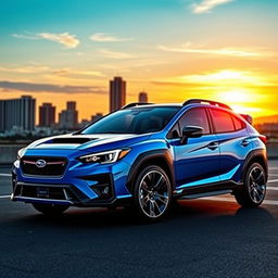 A futuristic crossover vehicle that merges the design of a 2020 Subaru Crosstrek with the sleek body of a 2024 Lamborghini Huracán