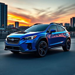 A futuristic crossover vehicle that merges the design of a 2020 Subaru Crosstrek with the sleek body of a 2024 Lamborghini Huracán