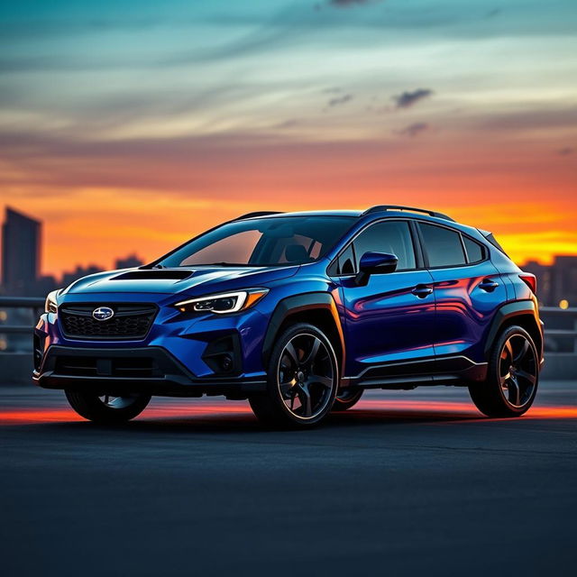 A futuristic crossover vehicle that merges the design of a 2020 Subaru Crosstrek with the sleek body of a 2024 Lamborghini Huracán