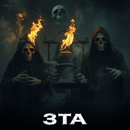 A cinematic horror scene featuring three half-burned face ghosts clad in grim reaper attire