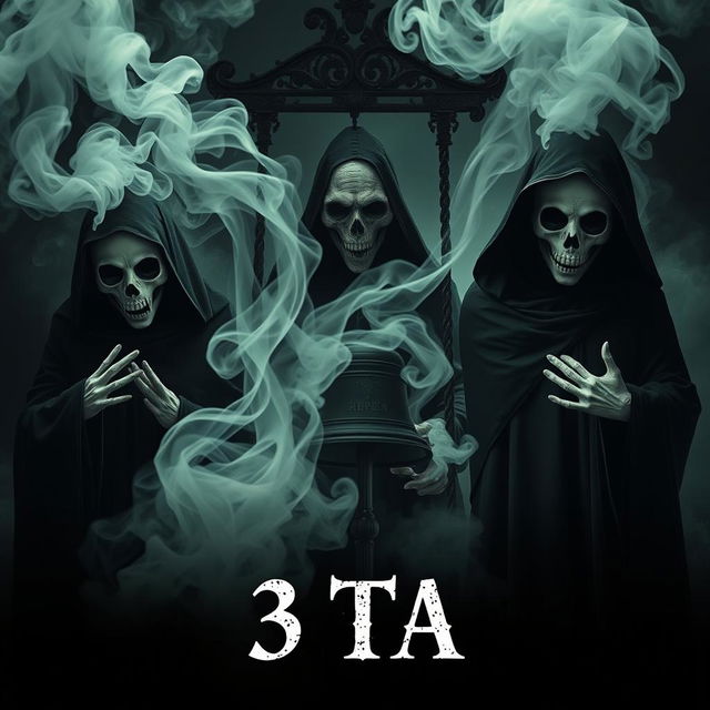 A cinematic horror scene featuring three half-burned face ghosts clad in grim reaper attire