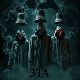 A haunting and cinematic horror poster featuring three ghostly figures in Grim Reaper dresses