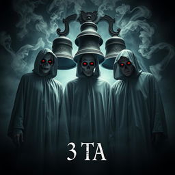 A haunting and cinematic horror poster featuring three ghostly figures in Grim Reaper dresses