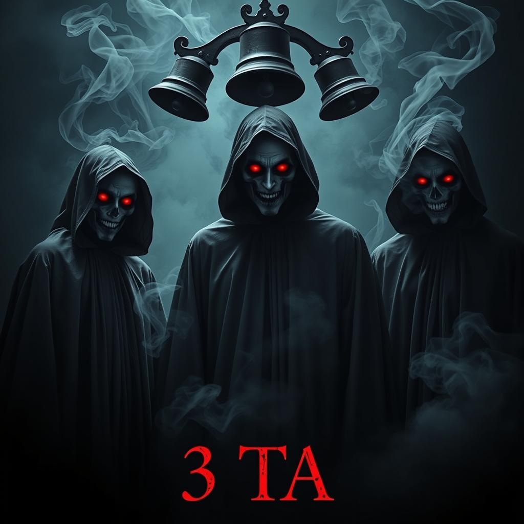 A haunting and cinematic horror poster featuring three ghostly figures in Grim Reaper dresses