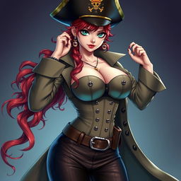 A pirate captain inspired by the character from 'One Piece', featuring a female with waist-length super wavy red hair and sharp green eyes