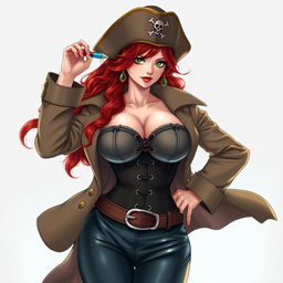 A pirate captain inspired by the character from 'One Piece', featuring a female with waist-length super wavy red hair and sharp green eyes