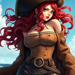 A pirate captain inspired by the character from 'One Piece', featuring a female with waist-length super wavy red hair and sharp green eyes