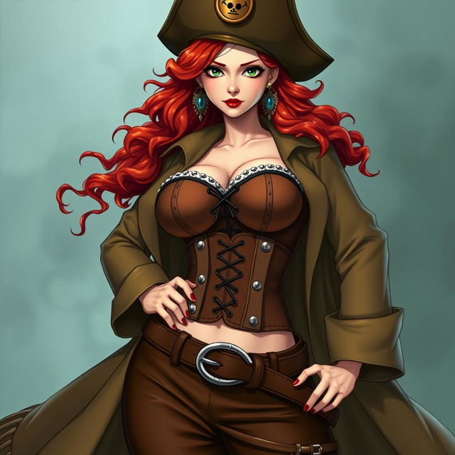 A pirate captain inspired by the character from 'One Piece', featuring a female with waist-length super wavy red hair and sharp green eyes