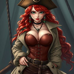 A captivating female pirate inspired by 'One Piece', boasting waist-length super wavy red hair and sharp green eyes