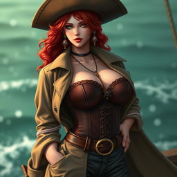 A captivating female pirate inspired by 'One Piece', boasting waist-length super wavy red hair and sharp green eyes