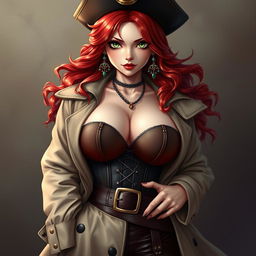 A captivating female pirate inspired by 'One Piece', boasting waist-length super wavy red hair and sharp green eyes