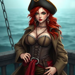 A captivating female pirate inspired by 'One Piece', boasting waist-length super wavy red hair and sharp green eyes