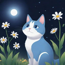 A cartoon depiction of Luna, a blue and white cat, noticing her flowers glowing in response to her positive qualities.