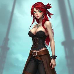 A feminine pirate inspired by 'One Piece', featuring super straight red hair cascading down to her waist and sharp green eyes that sparkle with mischief