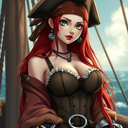 A feminine pirate inspired by 'One Piece', featuring super straight red hair cascading down to her waist and sharp green eyes that sparkle with mischief