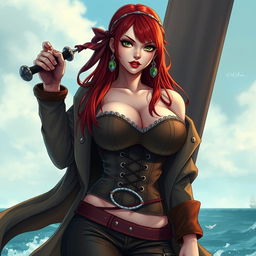 A captivating feminine swordsman inspired by 'One Piece', featuring super straight red hair that flows down to her waist and sharp green eyes that gleam with determination